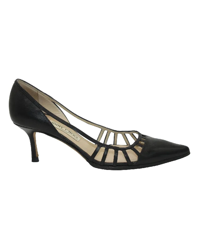 Women's metallic leather stiletto heel pumps with a reflective surfaceJimmy Choo Cut-Out Delilah Pumps in Black Leather