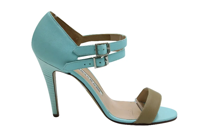 Women's genuine leather stiletto heel pumps with a soft finishManolo Blahnik Ankle Strap Heels in Blue Leather