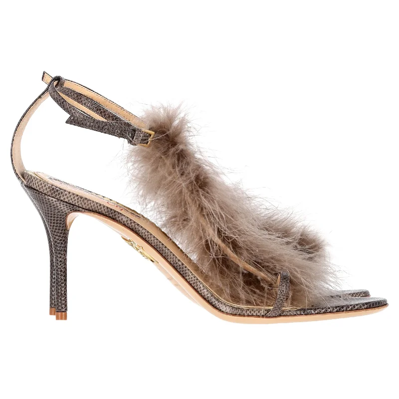 Women's date - night stiletto heel pumps with a sexy silhouetteCharlotte Olympia Karung  Animal Print Faux Fur Trim Sandals in Brown Leather