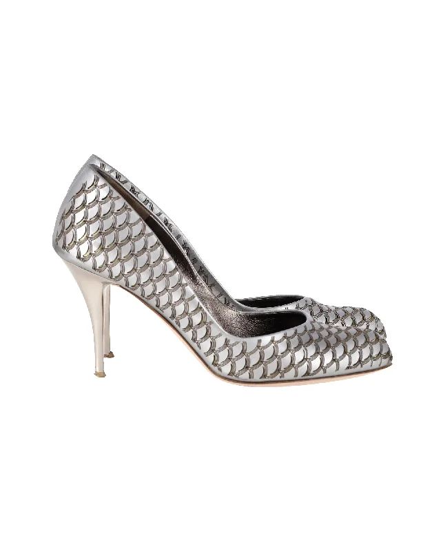 Women's cork - sole stiletto heel pumps for a natural touchSalvatore Ferragamo Cut-Out Round-Toe Pumps in Silver Leather