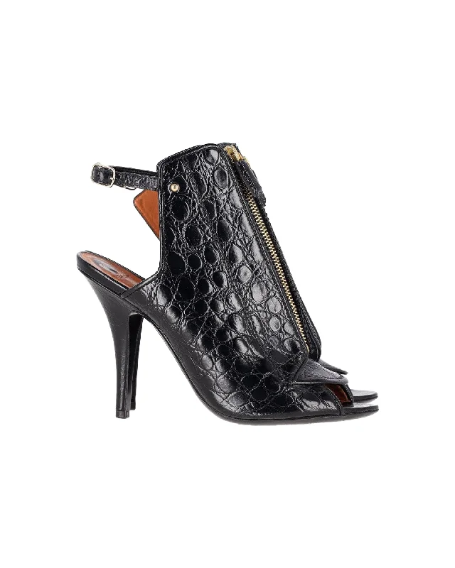 Women's peach stiletto heel pumps for a soft and feminine appealGivenchy Croc Embossed Zipper Sling Back Sandals in Black Leather