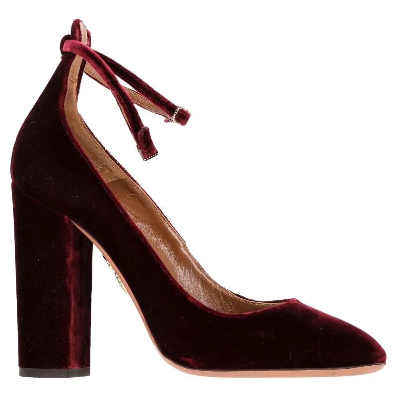 Women's ruffled stiletto heel pumps for a romantic styleAquazzura Alix 105 Chunky Heel Pumps in Burgundy Velvet