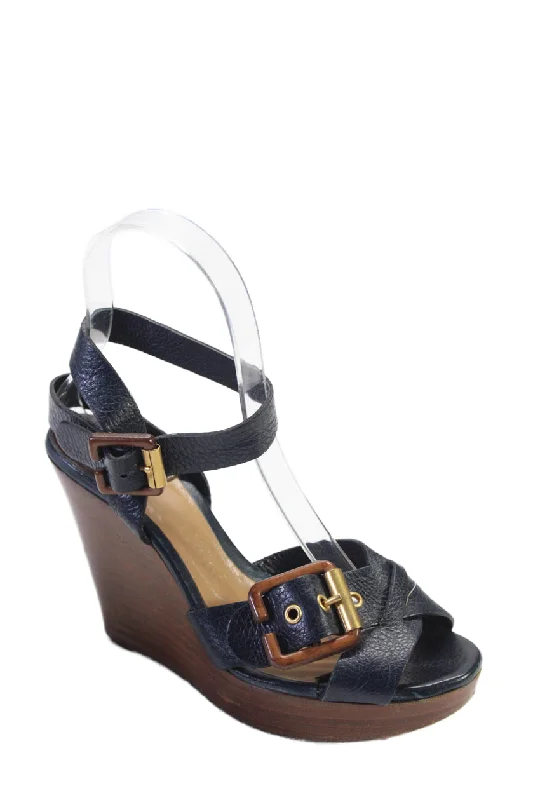 Women's Sandals with a Wedge Heel and a Tassel Detail in Orange for a Trendy LookChloe Womens Leather Peep Toe Strappy Buckle Closure Wedges Black