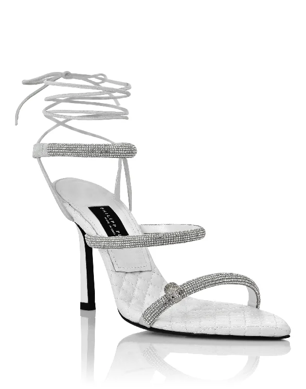 Women's Rhinestone - Embellished Open - Toe Sandals in Silver for a Glamorous Party LookCrystal Lace-up Sandals