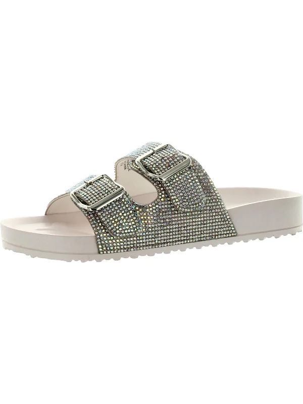 Women's Rhinestone - Embellished Open - Toe Sandals in Silver for a Glamorous Party LookTeddy Womens Rhinestone Slip-On Slide Sandals