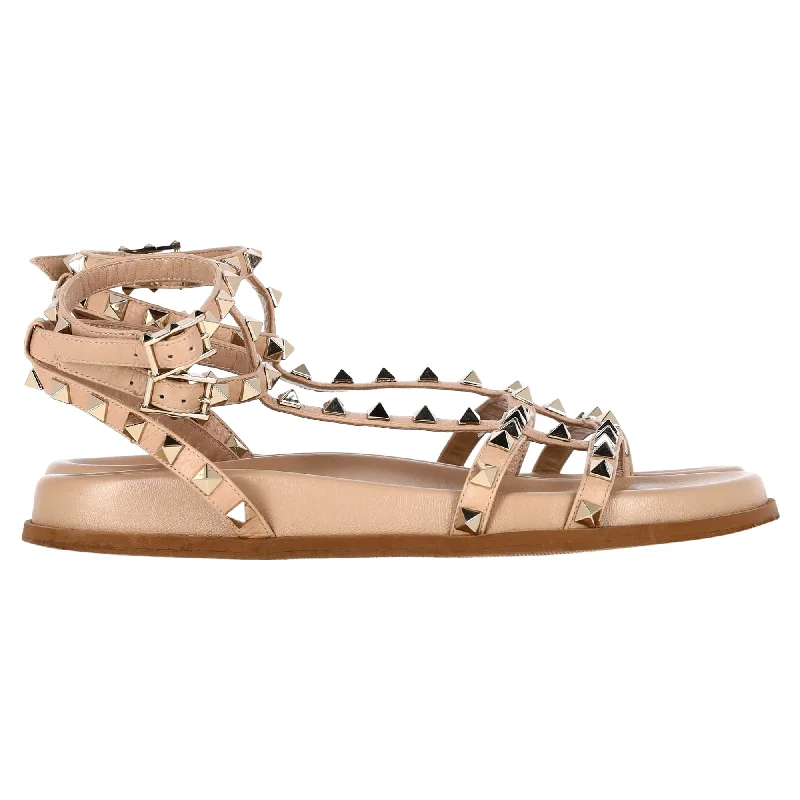 Elastic - Strap Women's Sandals with a Padded Toe in Teal for Easy On - and - OffValentino Garavani Rockstud Caged Flat Sandals in Nude Calfskin Leather