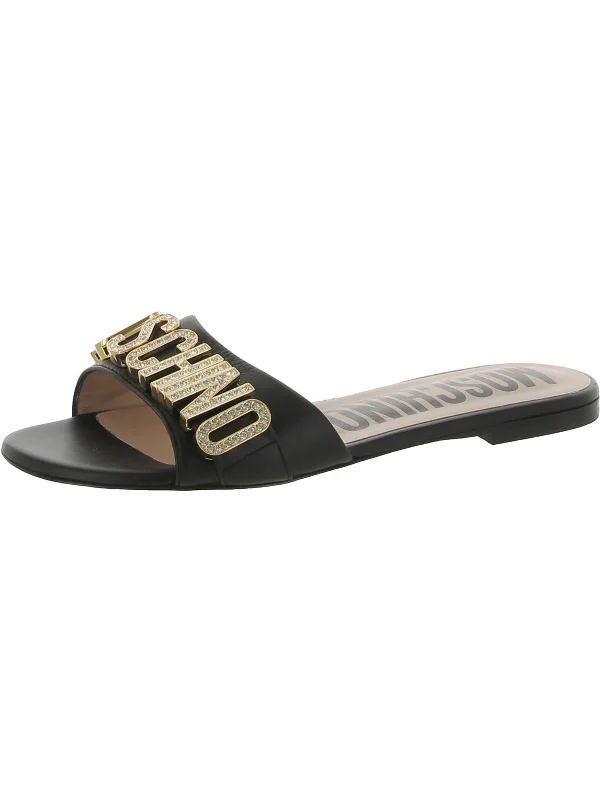 Plus Size Women's Wide - Width Platform Sandals in Black for Added Comfort and HeightWomens Logo Leather Slide Sandals