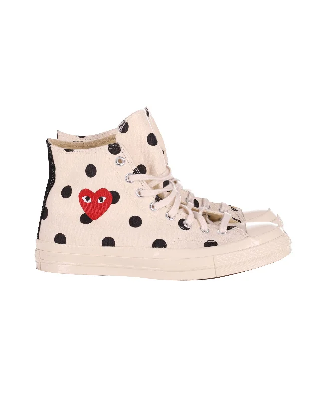 Women's Sneakers with Hidden Wedges for a Subtle Height Boost and Added StyleComme Des Garcons PLAY x Converse Chuck Taylor All Star 70s Polka Dot Hi-Cut Sneakers in White Canvas