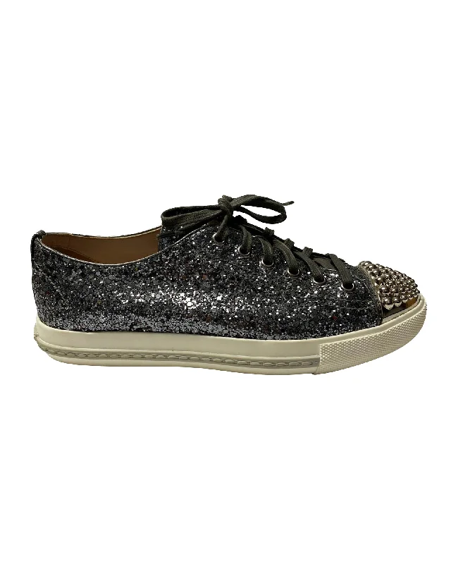 Vegan - Friendly Women's Sneakers Made from Recycled Materials for an Eco - Conscious ChoiceMiu Miu Studded Cap Toe Lace-Up Sneakers in Silver Glitter