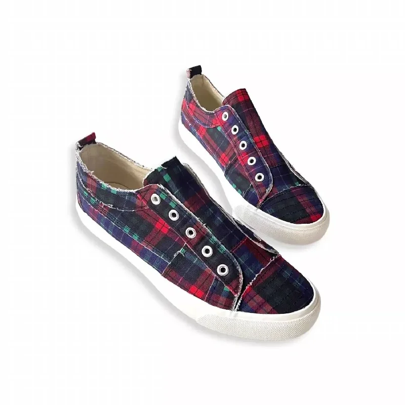 Foldable Women's Travel Sneakers for Compact Storage in LuggageWomen's Tartan Babalu Sneakers In Navy Plaid